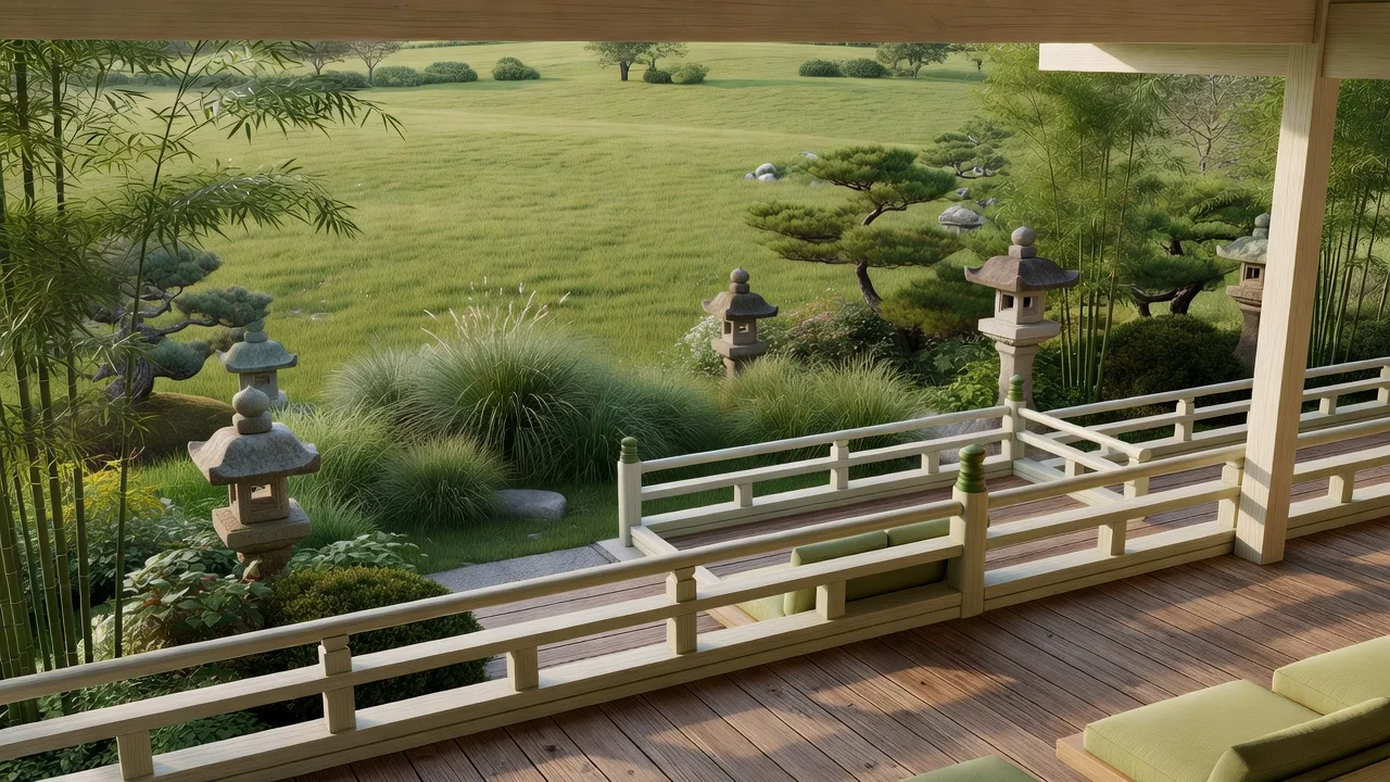 店の中庭から見える、秋の草原と実りの風景