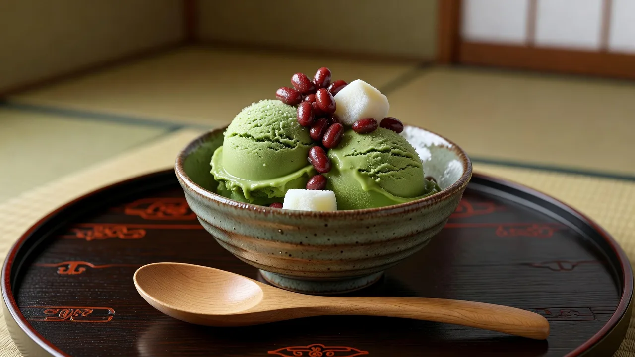 抹茶アイスクリームと和菓子のデザート