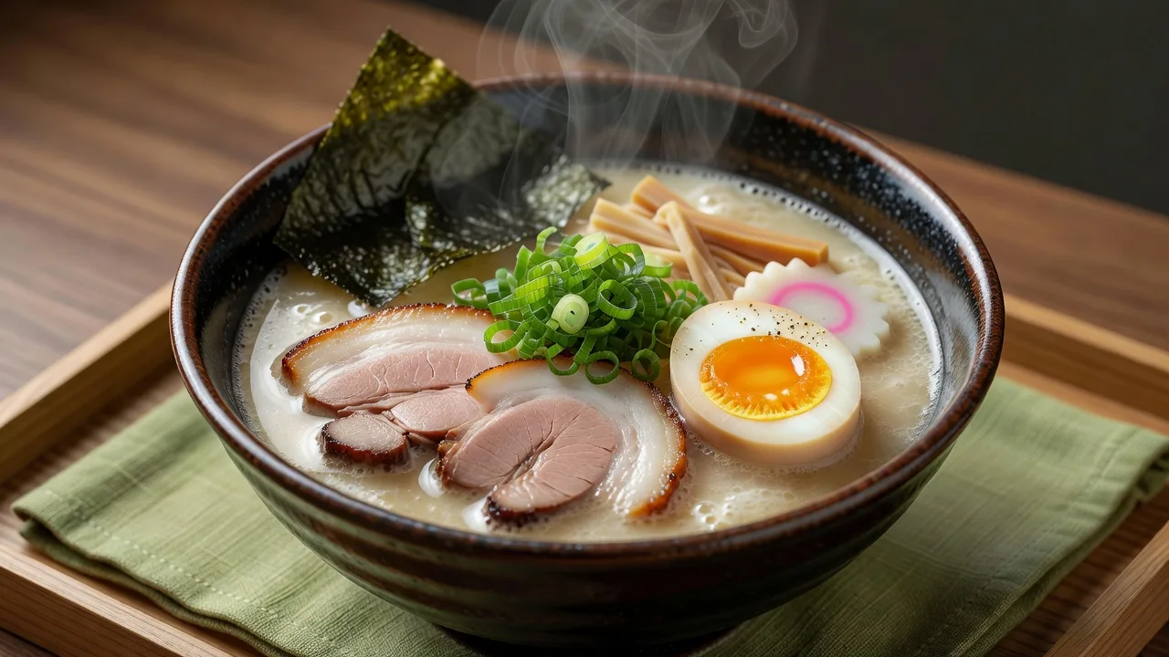 濃厚な豚骨らーめん、チャーシューと味玉、刻みネギをのせて