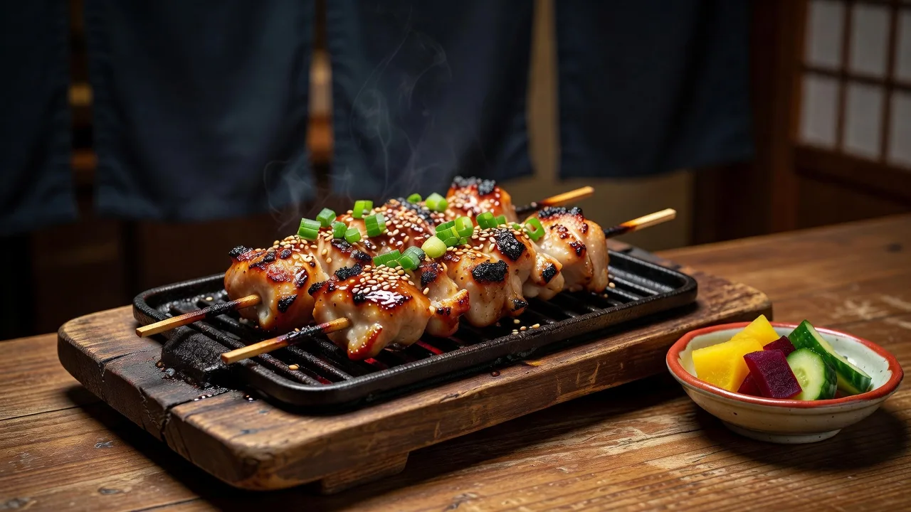 備長炭で焼き上げる串焼き、焼き鳥の盛り合わせ
